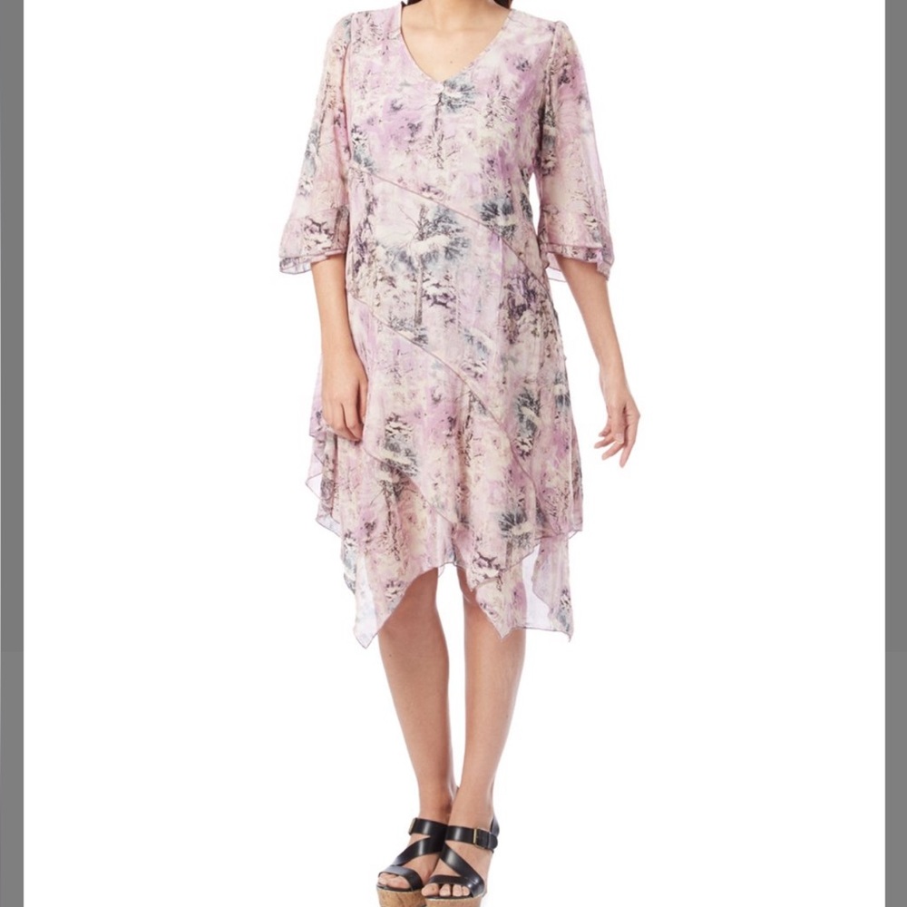 Pretty Angel Mauve Abstract Silk-Blend Handkerchief Hem Dress, SZ XL - NEW!